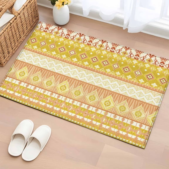 Bathroom Rugs 2x3 Ft, Yellow Khaki Boho Non Slip Area Rugs for Kitchen Bedroom Entryway, Vintage Ethnic Tribe Abstract Art Washable Carpet Runner Rug Floor Mats for Bedroom Home Decor