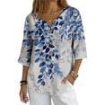 thumbnail image 2 of Linen Blouses for Women Summer V Neck 3/4 Sleeve T Shirts Vintage Floral Print Blouse Button up Tops Dressy Casual Vacation Outfits, 2 of 7