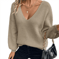 thumbnail image 2 of Women's Casual Loose Bow V-neck Solid Color Sweater for Fall Winter Bow Accents,Khaki,S, 2 of 8