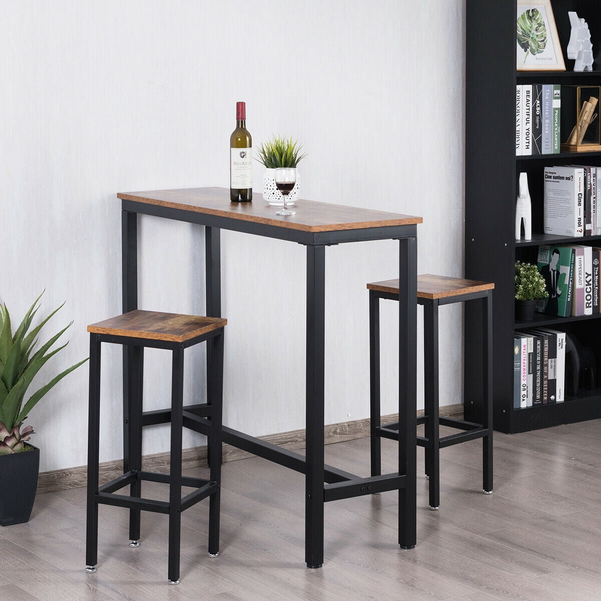 Gymax Counter Height Bar Dining Table Stools Set Rustic Brown, 3 Pieces