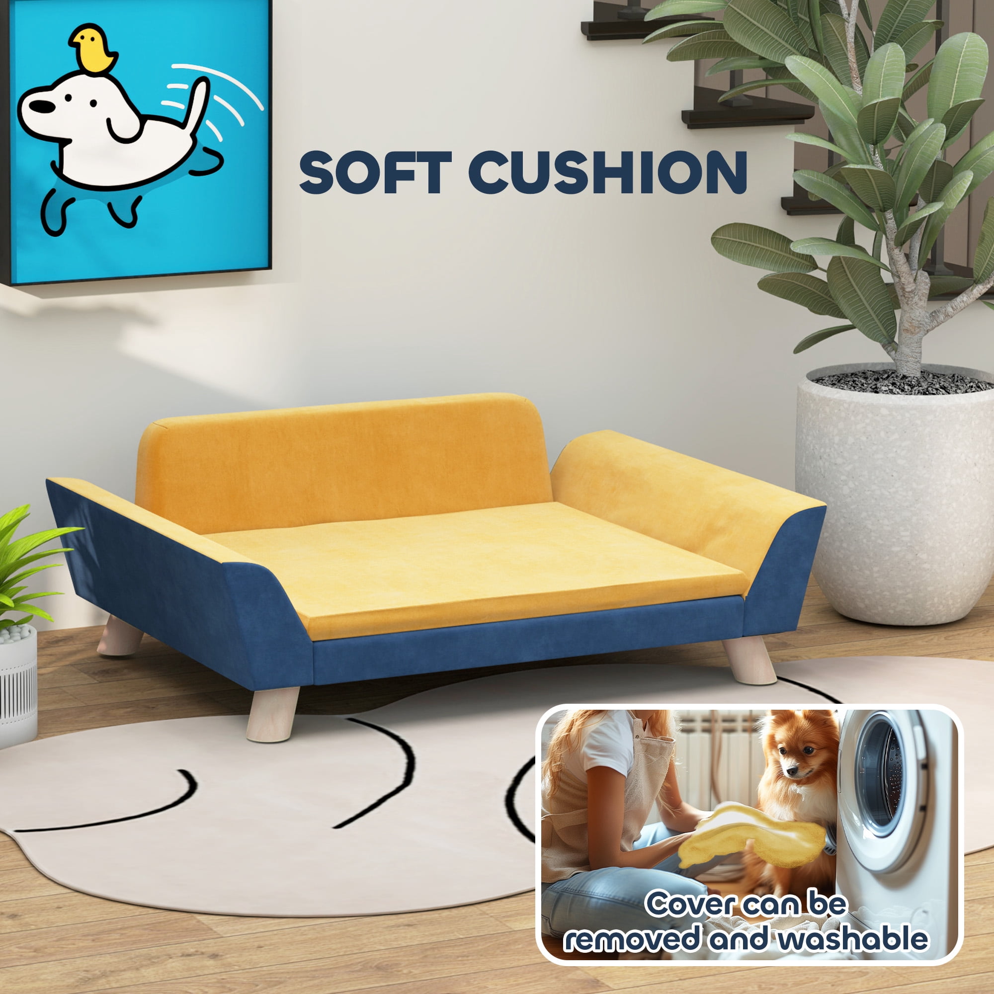 PawHut Dog Sofa Bed, Dog Couch, Pet Sofa for Small Dogs w/ Soft Cushion, Removable Washable Cover, Elevated Dog Bed Couch with Anti-Slip Foot Pads