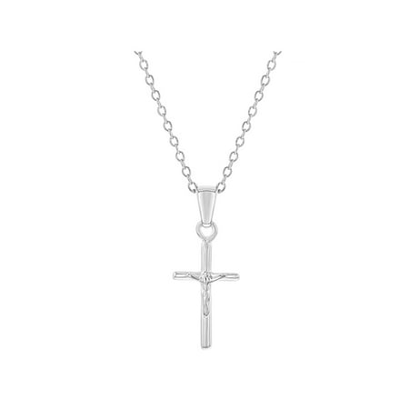 925 Sterling Silver Small Cross Crucifix Jesus Christ Pendant Necklace Kids 16"