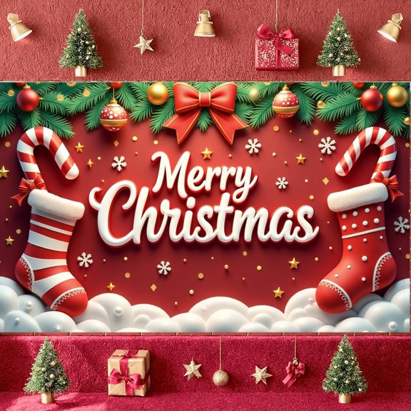 Red Theme Christmas Banner Christmas Stocking Holiday Backdrop Candy Cane Snowflake Design Festive Background for Christmas Party Indoor Celebration Xmas Gathering