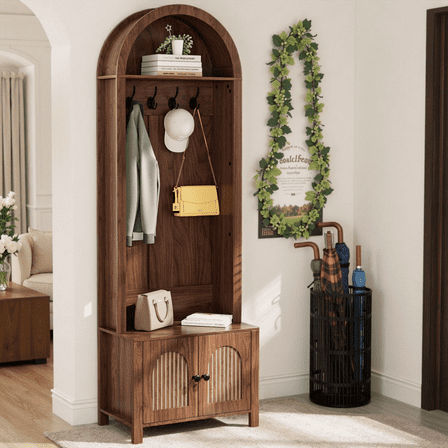 Oubayajia Modern Farmhouse Hall Tree, 70.9" Narrow Arch Coat Rack  for Hallway, Entryway, Mud Room, Walnut