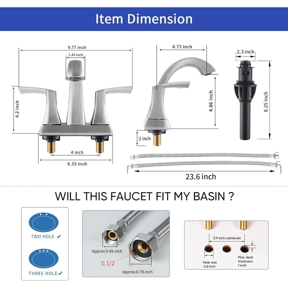 Bathroom Faucet Brushed Nickel, 2 Handles Low Arc Bathroom Sink Faucets, 4 Inch Centerset Bath Lavatory Faucets with Pop-up Drain & Faucet Supply Lines (BN)