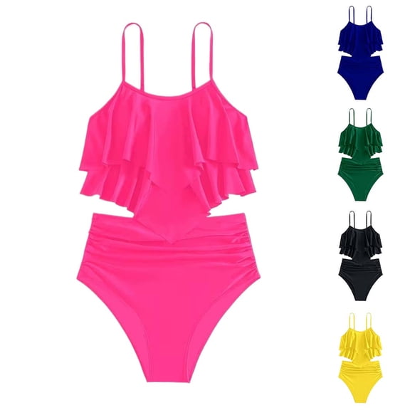 Shadoumai Girls Swimsuits Size 14-16 Cut Out Bikini Tie-Straps Girls Tankini Swimsuit Two Pieces Bathing Suit Cute Pattern Print Swimwear with Cover Up Pants