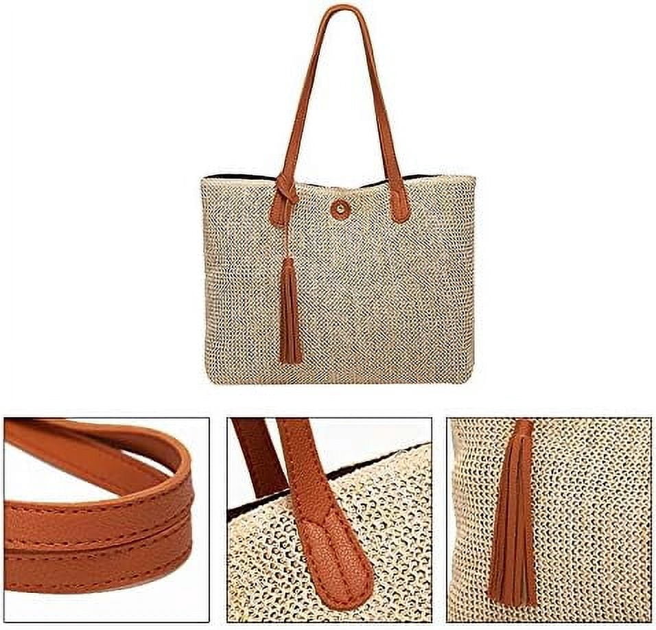 LinYooLi Women Straw Crochet Tote Bohemian Summer Beach Bag Large Handmade Shoulder Bag