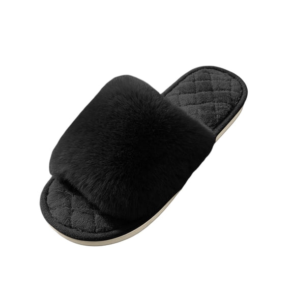 Shrysg Women's Fuzzy Open Toe House Slippers Soft Sole Non Slip Indoor Slide Sandals Comfortable Lightweight Slides for Daily Wear Black
