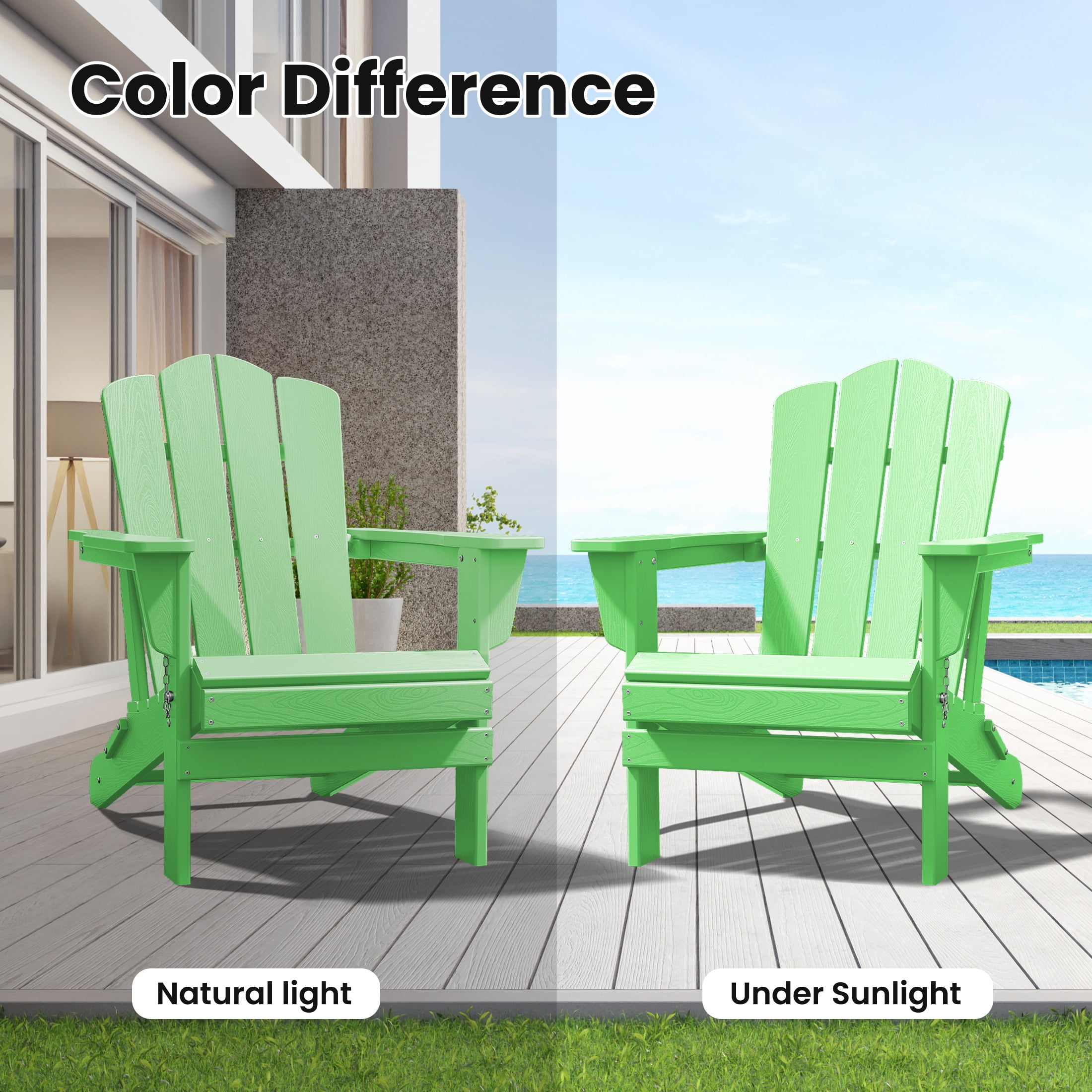 JUSTLET Adirondack Chair, Plastic Folding Outdoor Patio Chairs, Outside HDPE Chairs for Lawn, Yard, Light Green