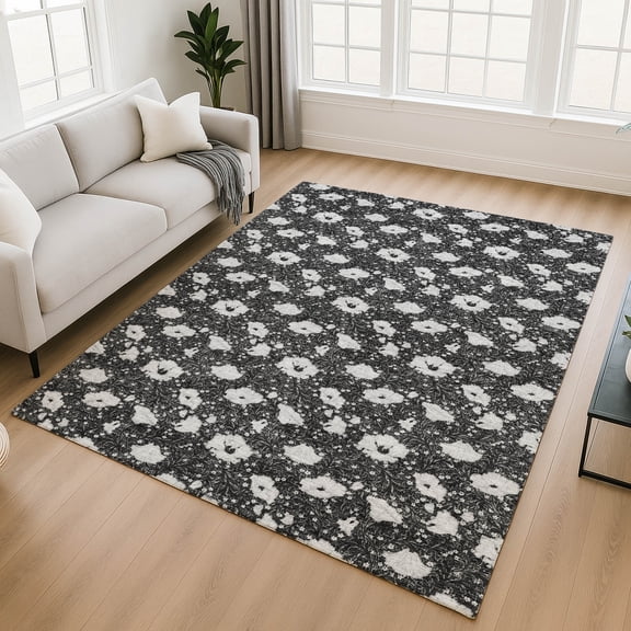 Addison Rugs Chantille Indoor/Outdoor Transitional Floral Black Machine Washable Rectangle Rug, 10' x 14'