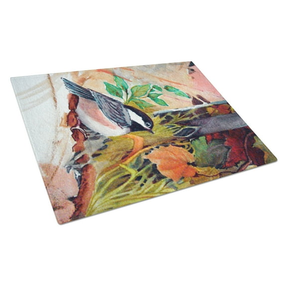 Caroline's Treasures Fence Sitter Chickadee Glass Cutting Board Large