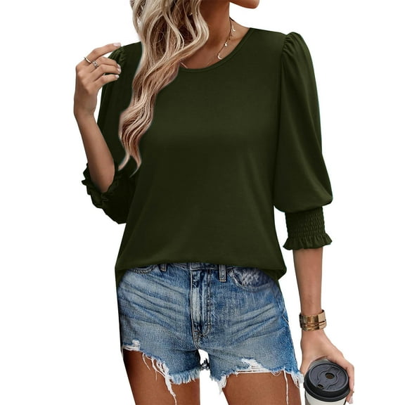 Meichang 3/4 Length Sleeve Tops for Women Dressy Casual Puff Sleeve Summer T Shirts Loose Fit Crew Neck Flowy Corve Hem T-Shirts Tees Womens Tops with Smocked Cuffs
