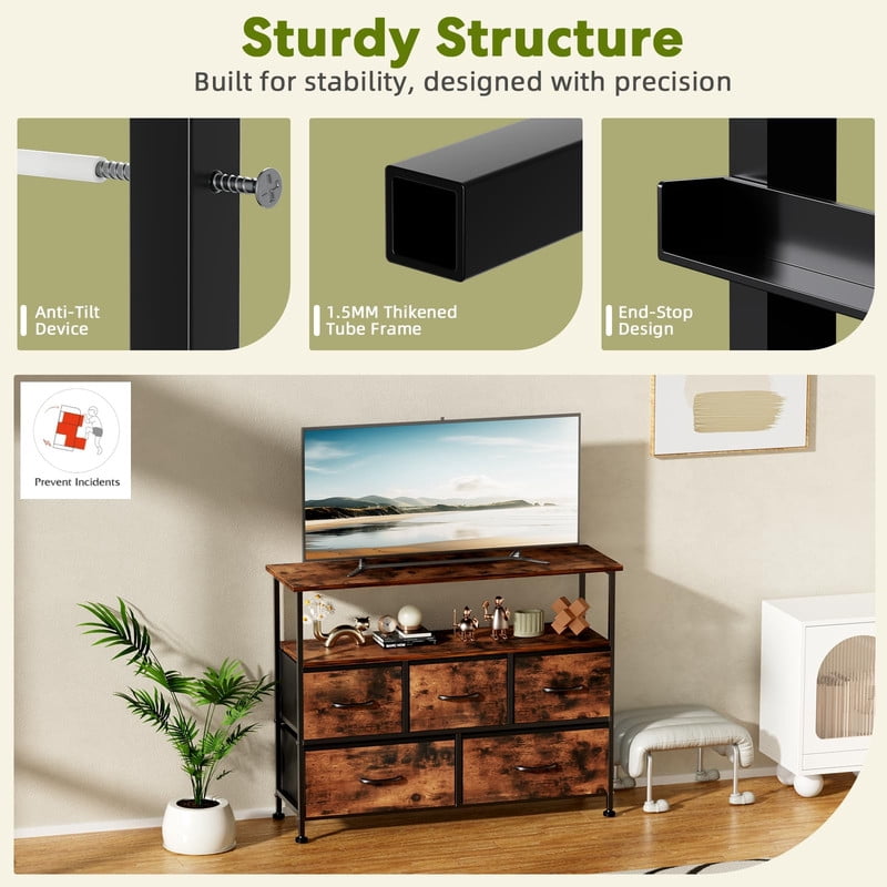 Simple Deluxe TV Stand Dresser for Bedroom Entertainment Center with 5 Fabric Drawers, Storage Organizers Units for Living Room, Media Console Table with Open Shelf up for 45" TV, Brown