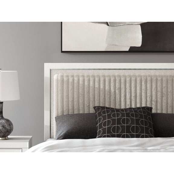 Signature Design by Ashley Ravalori Queen White Upholstered Headboard, Glam Panel with Faux Fur and Chrome Accents