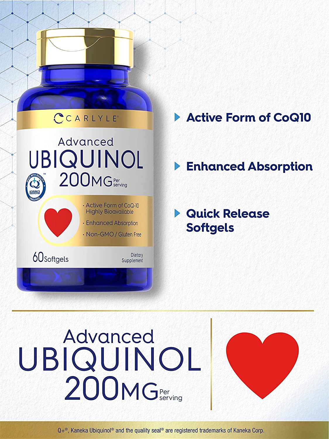 Ubiquinol 200mg | 60 Softgels | CoQ10 Supplement | Highly Bioavailable | by Carlyle