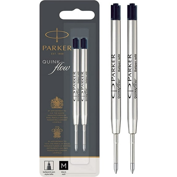 Parker QUINKflow Ballpoint Pen Ink Refill, Medium Tip, Black, 2 Pack