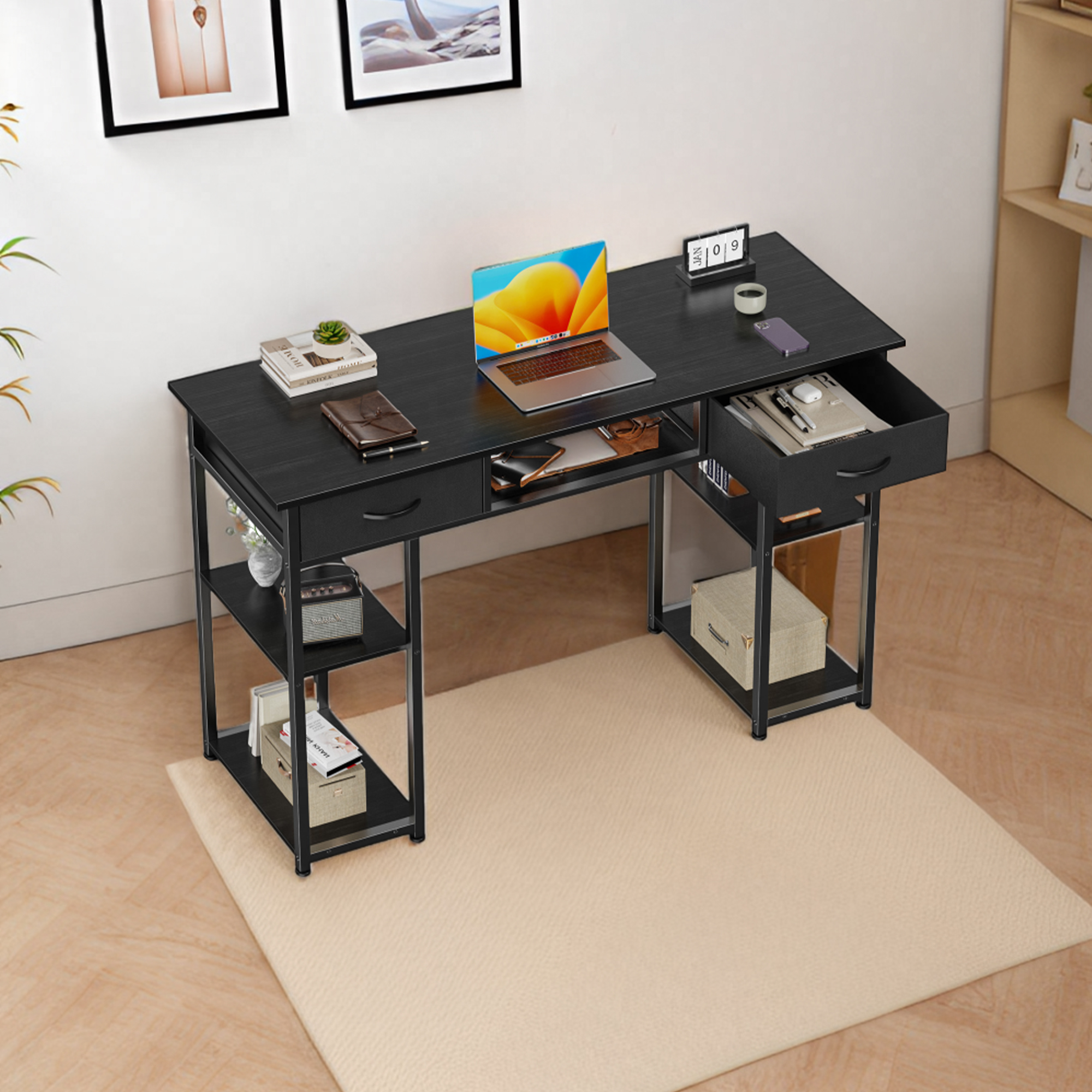 Concetta 48" Writing Desk with Fabric Drawers and Shelves, Black photo 5