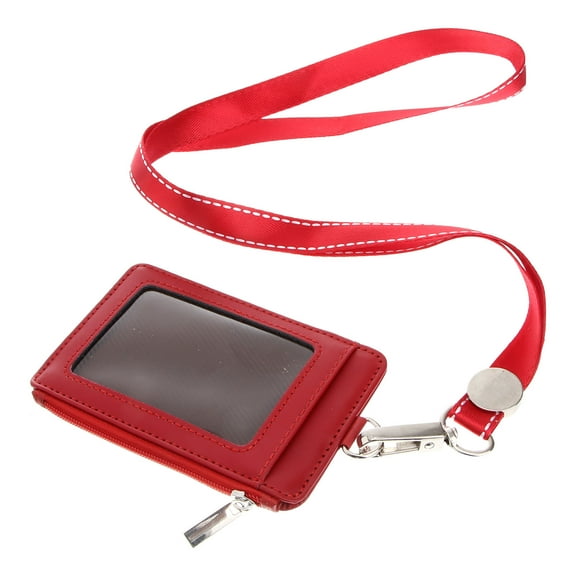 GOOHOCHY Vertical Badge Holder Leather ID Holder With Detachable Neck Lanyard And Swivel Clip(Red)