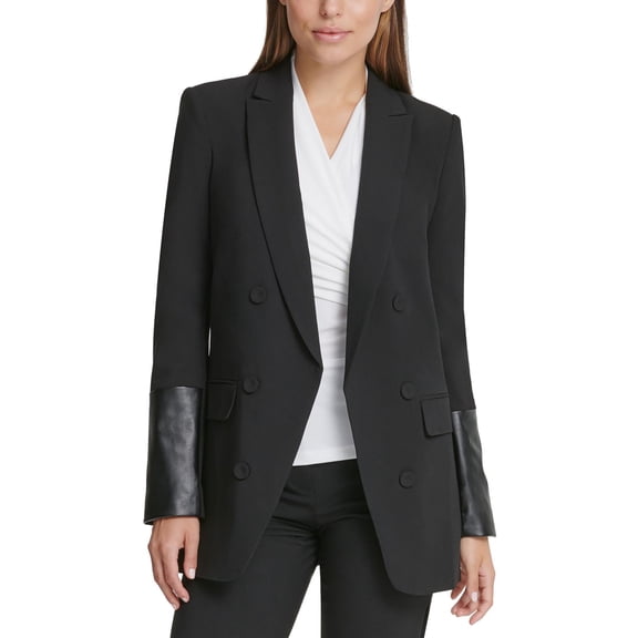 DKNY Petite Mixed-Media-Sleeve Open-Front Peak-Collar Blazer Black 8P