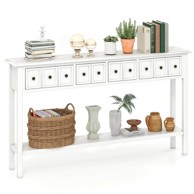 Gymax Table Console Étroite de 60 Pieds' de Long avec 4 Tiroirs et Tablette de Rangement Ouverte Trousse Anti-Basculement Blanc