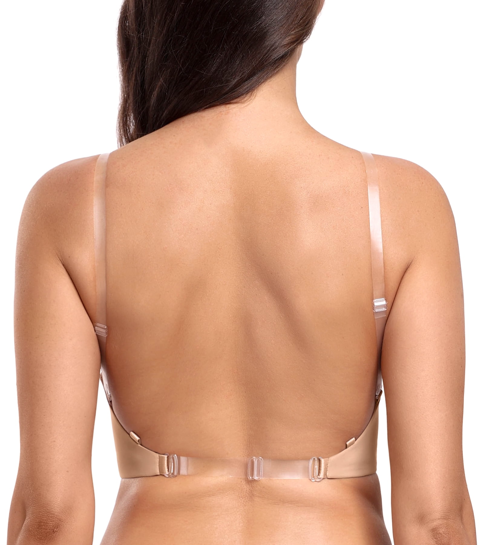 Exerin Women's Plunge Backless Bra Underwire Push Up Padded Multiway Low Back Bras(32B,Beige)