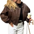 thumbnail image 6 of Womens Faux Leather Bomber Jackets Baseball Collar Zip Up Cropped Biker Coat with Pockets, 6 of 7