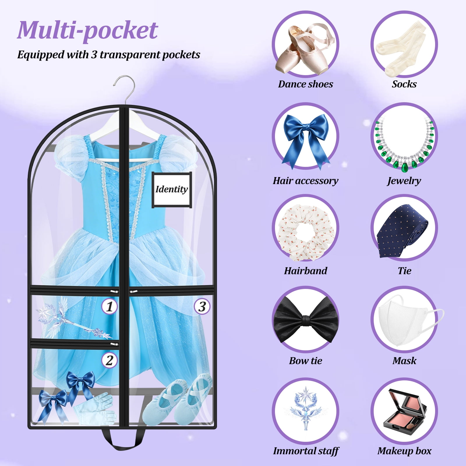 Austok 2Pcs Garment Bag with 3 Pockets Clear 40 Inch Long Clothes Cover Multipurpose Dance Garment Bags for Hanging Gown Coat Suit Jacket
