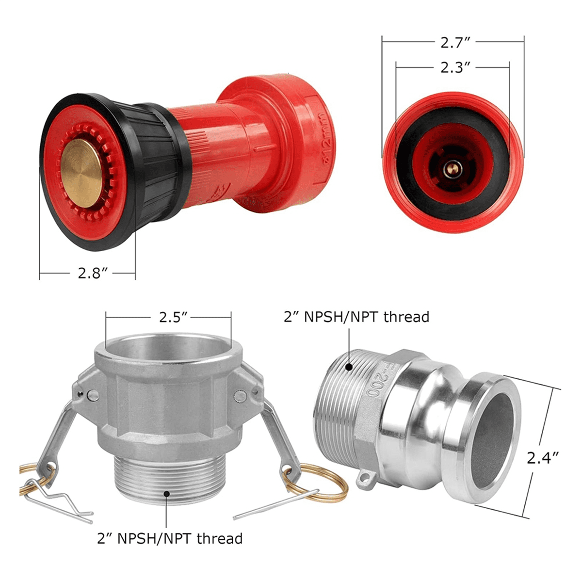 Fire Hose Nozzle,2In NPSH HeavyDuty Industrial Fire Hose Constant Flow Fog Nozzle with 2Pc 2In Camlock Fitting Coupling