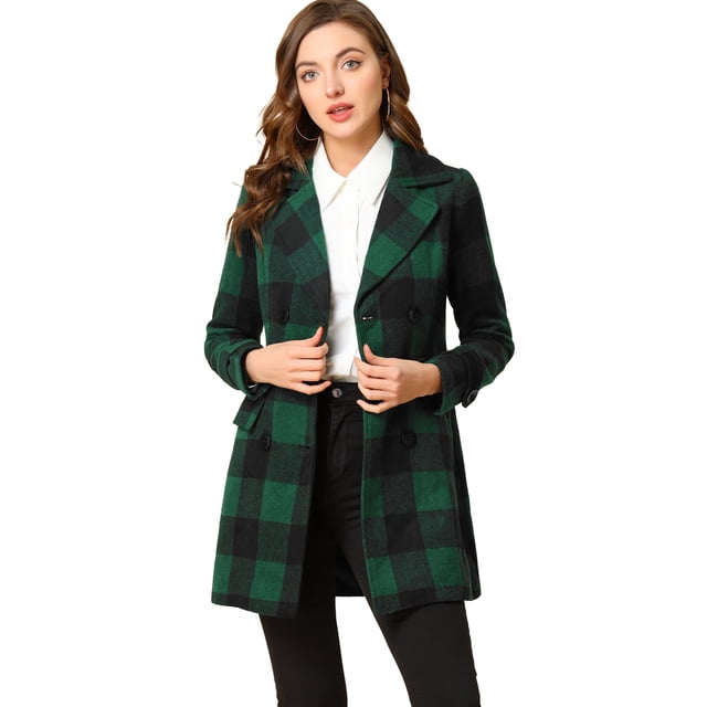 Abrigo De Cuadros De Invierno Doble Botonadura Solapa Con Muesca Para Mujeres Azul Marino Verde M
