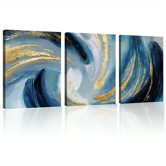 2D Flat framed Abstract Blue Golden Wall Art Canvas Painting Large Artwork for Walls Suitable for Decor Living Room Bedroom Office Dining Room and more 12*16inch*3pcs