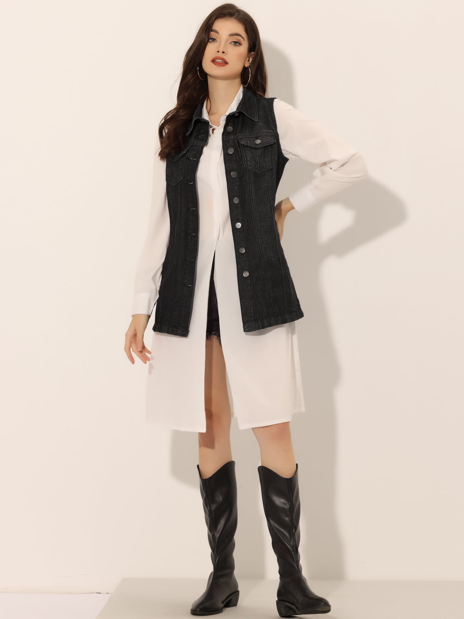 DARING DIVA Women's Button Down Sleeveless Pockets Mid-Long Denim Vest XL Black