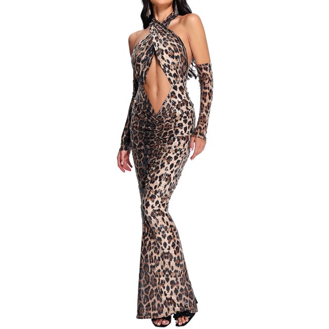 Vestido ajustado con estampado de leopardo y lentejuelas cruzadas de Bella Barnett