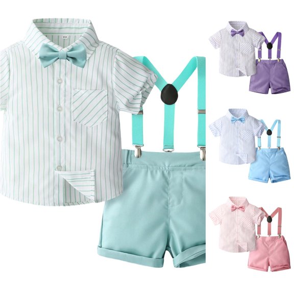 LIIPEE Boys Gentleman Outfits 2 Piece Summer Stripes Short Sleeve Button Up Shirts Solid Color Suspender Shorts Kids Party Outfit Sets,4-5 Years