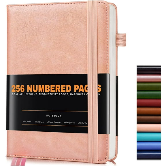 Lined Journal Notebook for Women Men, 256 Numbered Pages Hardcover Leather Journals for Writing, A5 Journaling Notebooks, College Ruled Journal for Business Work School 5.75" x 8.38" Pink leather