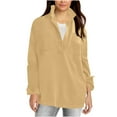 thumbnail image 3 of YOIAVAIOY Women's Solid Polo Sweatshirt Oversized Casual Pullover Sweatshirts Fall Fashion Stand Collar Tops with Pockets Khaki S, 3 of 10