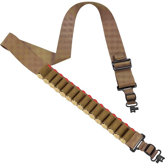 Shotgun Sling with Shell Holder, Gun Sling Holds15 Shells for 12 Gauge, Adjustable Two Point Sling with Sling Swivels for Outdoors