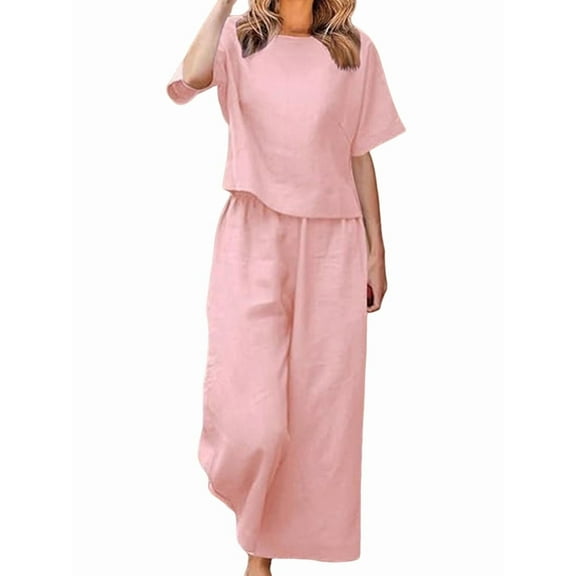 Women'S 2 Piece Set - Boat Neck Half Sleeve Top & Wide Leg Pants with Pockets, Casual for Work, Travel Pink S