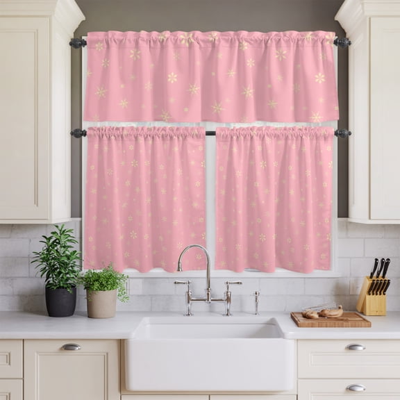 Kitchen Window Curtains Valance and Tier Set, Christmas Snowflake Seamless Rod Pocket Tier Curtains and Valance 3 Piece Set, Pink Light Filtering Window Treatment for Bedroom Living Room