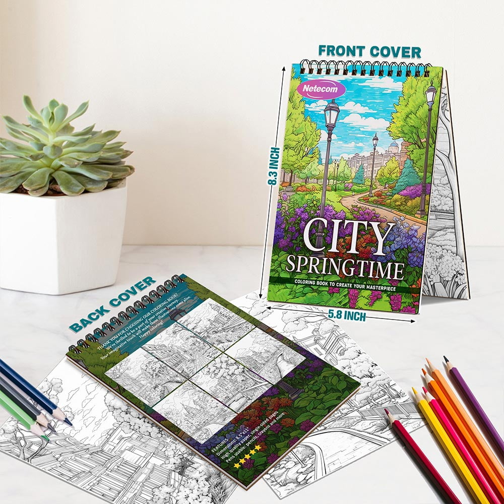 Netecom City Springtime Coloring Book Spiral Bound For Adults, A5 Wooden Cover, 30 Charming Coloring Pages of City Parks and Lively Spring Vibes for Stress Relief and Relaxation