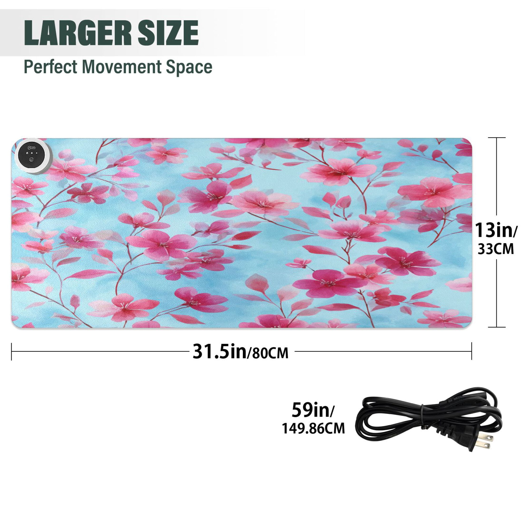 Large Heated Desk Mat Mouse Pad 31.5"x13"PU Leather Graphene Heating Desk Warmer with 3 Temperature Settings 110V US Plug Non-Slip Warm Pad for Home, Office, and Gaming Cute Pink Delicate Flowers