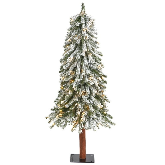 Nearly Natural 4' Flocked Alpine Artificial Christmas Tree Prelit 100 Clear Lights