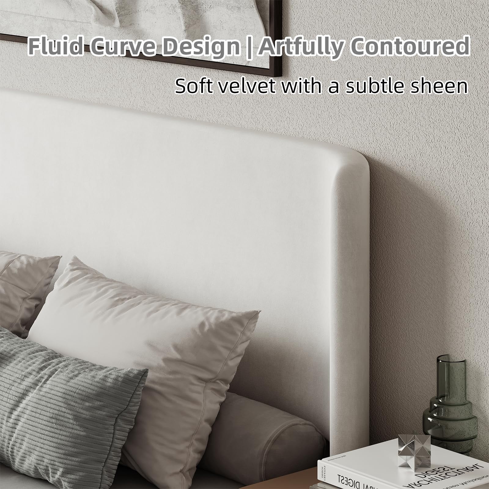 4 Ever Winner Queen Size White Velvet Bed Frame, Elegant Curved Upholstered Bed Frame with Rounded Safety Corners, Stable Noise-Free Platform Bed Frame, Easy Assembly, White Bedroom Bed