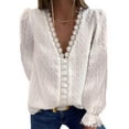 thumbnail image 4 of Asyoly Women's V Neck Puff Long Sleeve Lace Crochet Blouse Flowy Casual Shirts Swiss Dot Pom Pom Tops, 4 of 7