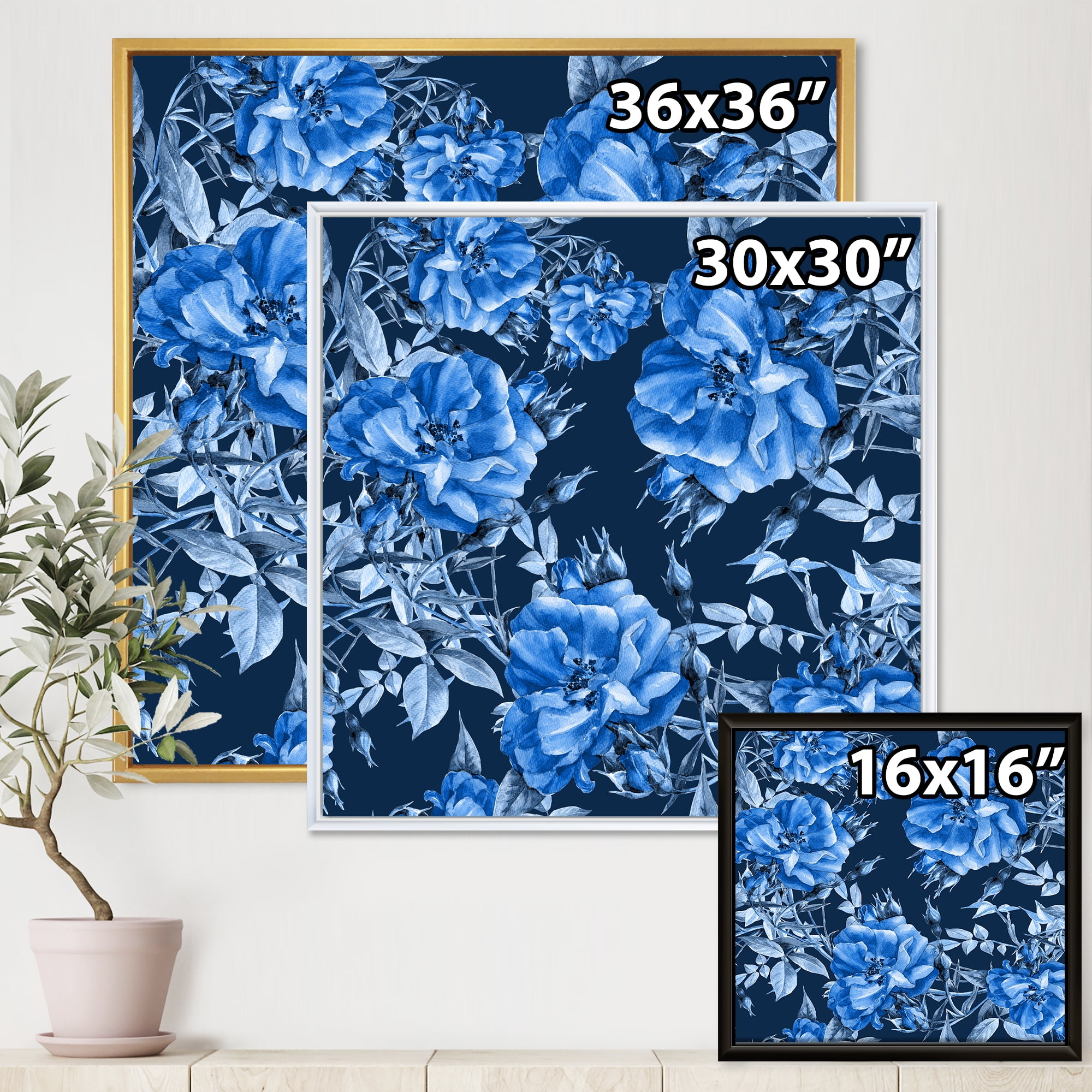 Abstract Blue Wildflowers 36 in x 36 in Framed Painting Canvas Art Print, by Designart