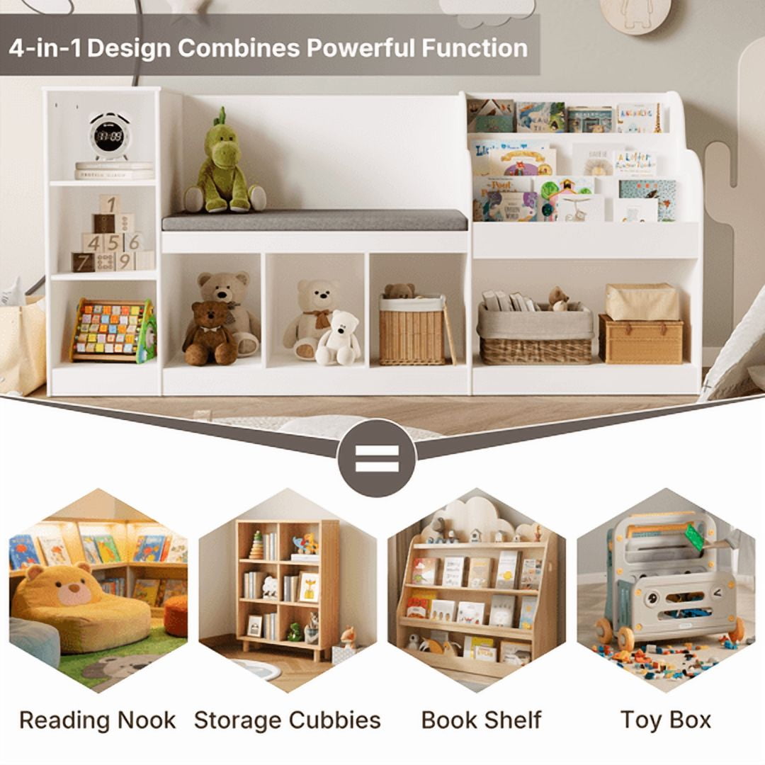 Aiho 66"Kids Bookshelf with Reading Nook , Toy Storage Organizer with 7 Cubes Bookcase & 4-Tier Book Racks & cushion, Toy Storage Organizer for Playroom Bedroom - White