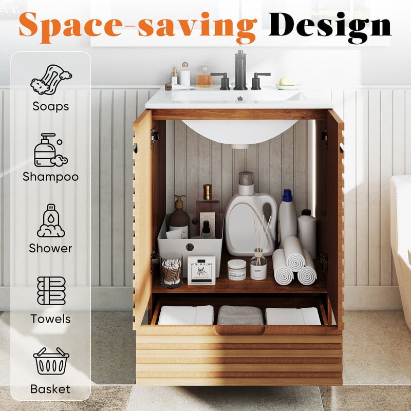 Gianna 24" Modern Bathroom Vanity with Ceramic Basin, Undermount Vanity Sink Cabinet with 2 Doors and 1 Drawer, Free Standing Bathroom Storage Cabinet with Sink Combo Set, Rustic