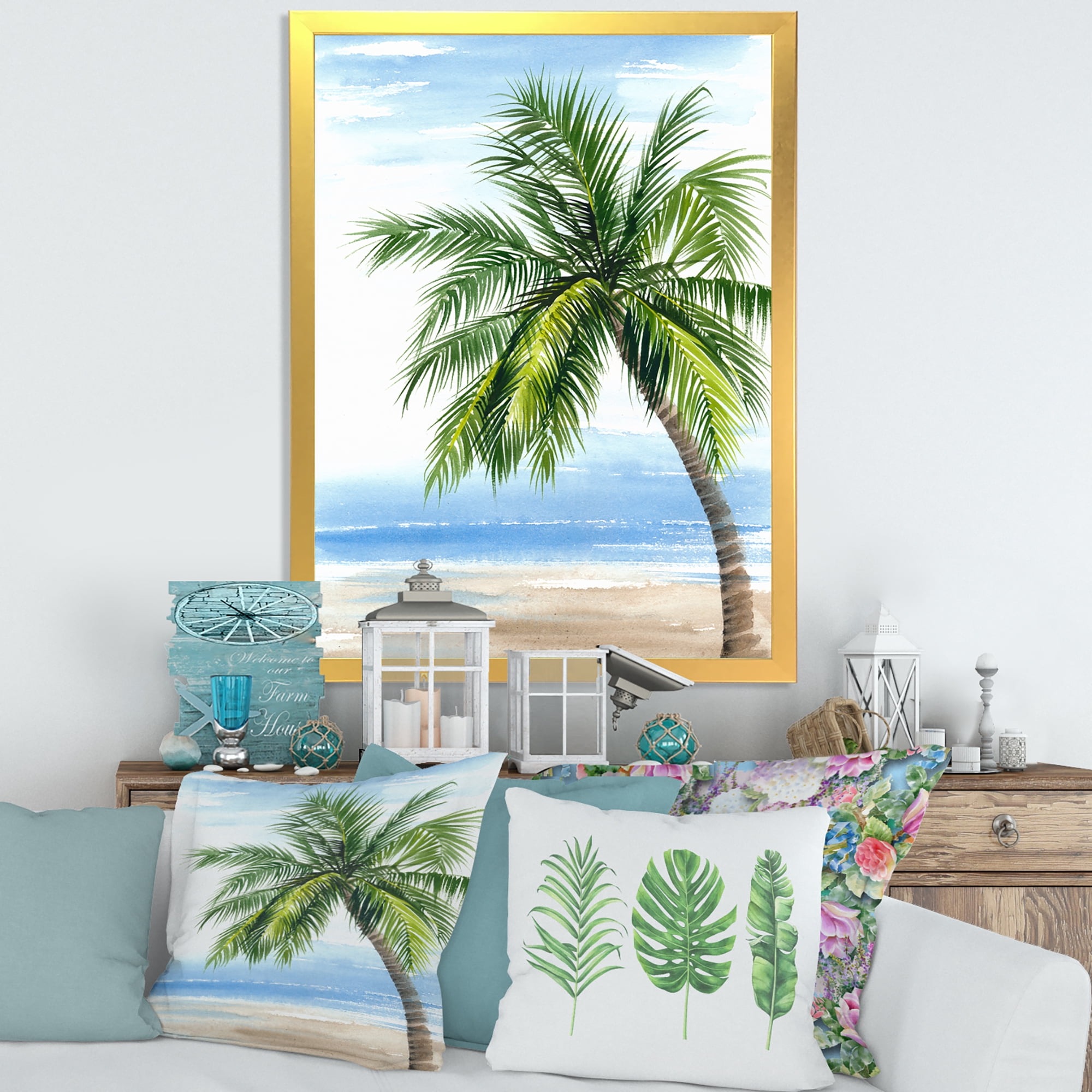 Designart 'Palm Tree At The Beach' Nautical & Coastal Framed Art Print
