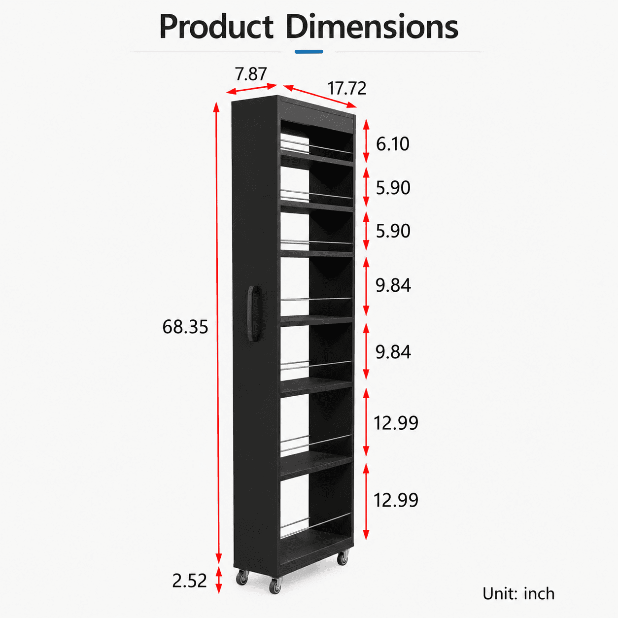 Aukfa 7-Tier Slim Rolling Pantry Cabinet, 70.7" Narrow Pull-Out Kitchen Storage Cart with Handle and Casters,Black