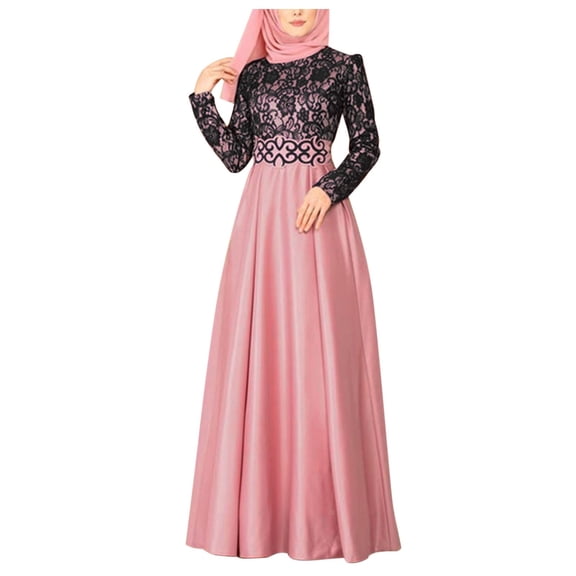 HJYCHN Women's Casual Dresses Arab Abaya Dress with Stitching Lace Detail Kaftan Maxi Style Long Robe Long Sleeve Dress for Women Pink XXL
