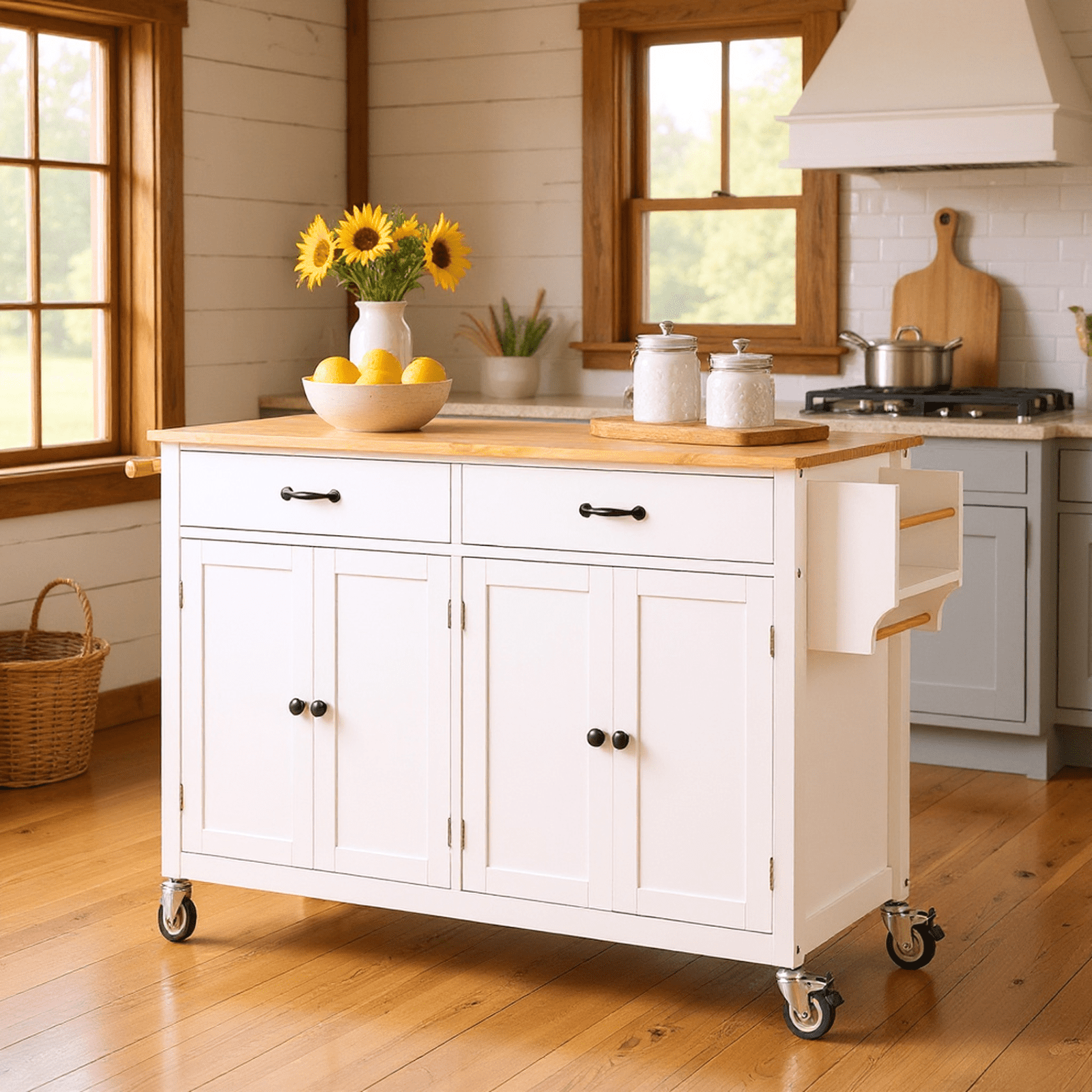 Homy Casa Kitchen Island Cart, with Solid Wood Top , Storage Cabinet, Drawers, Dining Room, White